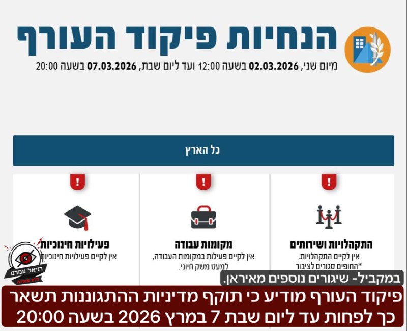 פיקוד העורף מאריך את מדיניות ההתגוננות; דיווחים על שיגורים מאיראן