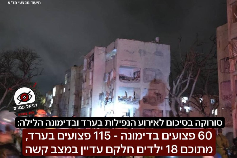 60 פצועים בדימונה ו-115 בערד מנפילות טילים; 18 ילדים בין הפצועים בערד