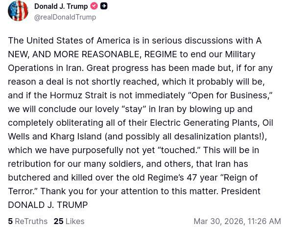 טראמפ מאיים על איראן: "נשמיד את כל תחנות ייצור החשמל, שדות הנפט והאי ח׳ארג"