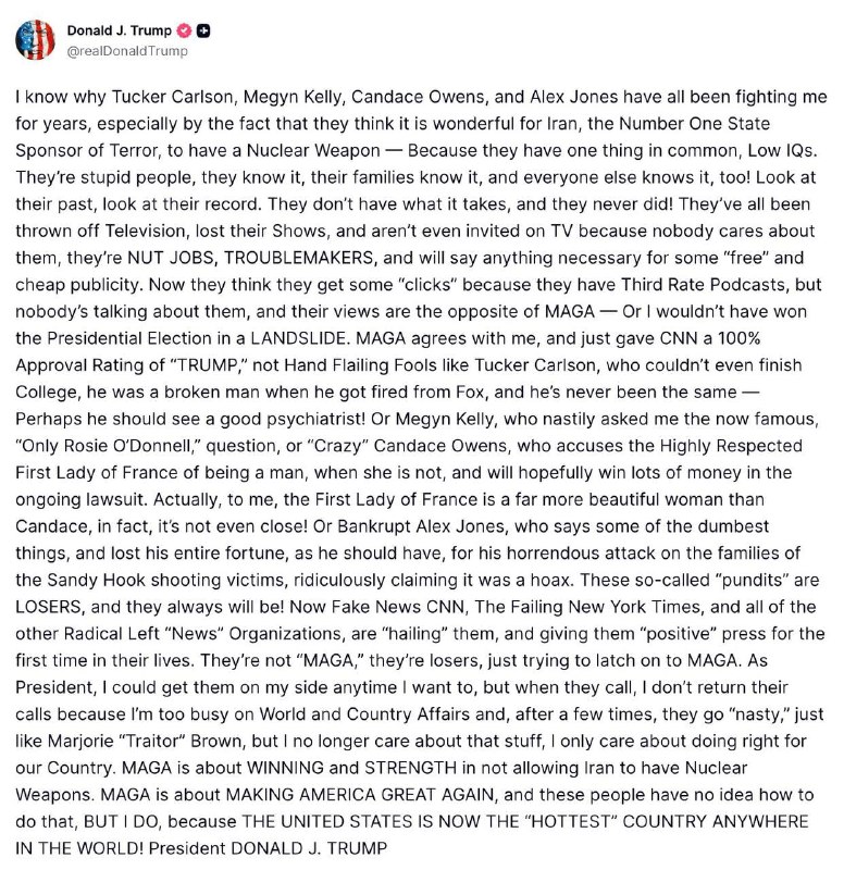 טראמפ תוקף את טאקר קרלסון, מייגן קלי, קנדיס אוונס ואלכס ג'ונס: "IQ נמוך, תומכים באיראן גרעינית"