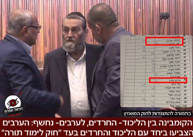 הקומבינה בין הליכוד- החרדים, לערבים- נחשף: הערבים הצביעו ביחד עם הליכוד והחרדים בעד ״חוק לימוד תורה״ שמשווה לומד תורה לחייל צהל- ובתמורה יצביעו איתם נגד חוק המואזין. מפתיע או פחות  