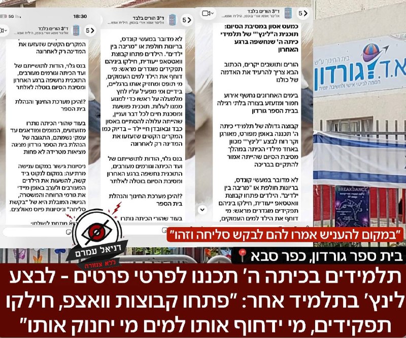 תלמידים בכיתה ה׳ תכננו לפרטי פרטים - לבצע לינץ׳ בתלמיד אחר- ״פתחו קבוצות וואצפ, חילקו תפקידים, מי ידחוף אותו למים מי יחנוק אותו״: אירוע חריג בבית ספר גורדון בכפר סבא לפני מספר ימים, על פי ההודעה שנחשפ