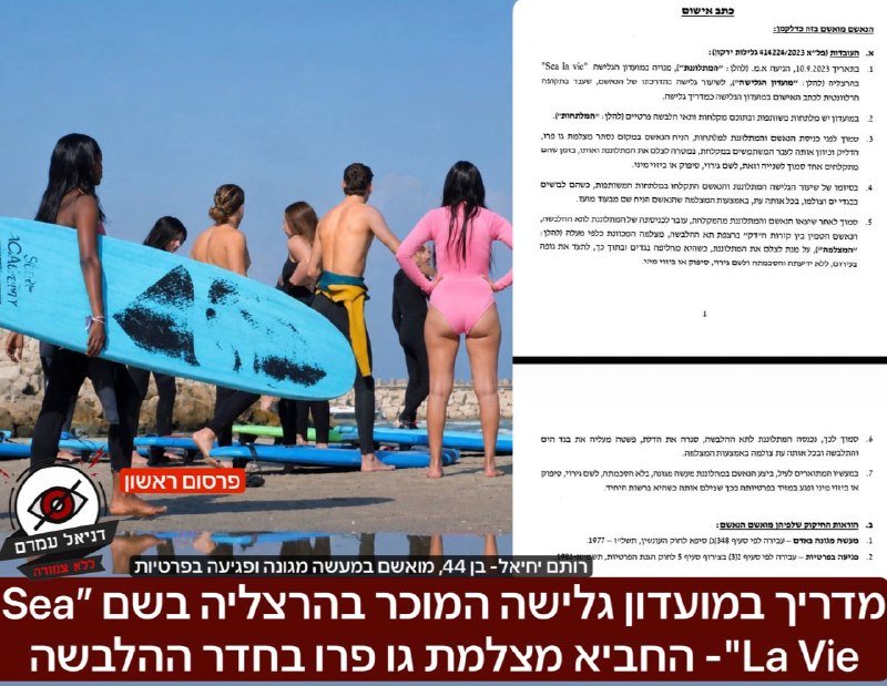 מדריך במועדון גלישה המוכר בהרצליה בשם ״Sea La Vie"- החביא מצלמת גו פרו בחדר ההלבשה של הנשים: כתב אישום הוגש נגד רותם יחיאל בן 44 תושב הרצליה לאחר שעל פי החשד הניח את מצלמת הגו פרו שלו, בחדר ההלבשה של 