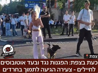 כעת בצפת: הפגנות נגד ובעד אוטובוסים לחיילים שמסיעים לבסיסים - תושבת הגיעה לתמוך בחרדים כשהיא עם סיגריה וכלב: בעוד המשטרה חוצצת, התקבצו 3 קבוצות, החרדים ממול צועקים ״שבעס״ מוחים על האוטובוסים שמסיעים ח