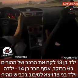 ילד בן 13 לקח את הרכב של ההורים ב6 בבוקר, אסף חבר בן 14 - ילדה וילד בני 13 ויצא לסיבוב בכביש מהיר: האירוע התרחש הבוקר בקרית מוצקין, הילדים בסרטון יתחילו בימים הקרובים את בית הספר מוצקין אפק ורימון. בת